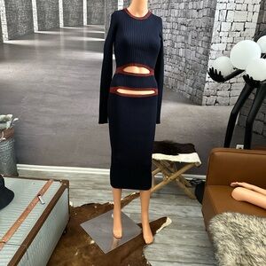 VICTORIA BECKHAM Size 2 Blue Cutout Front Ribbed Sweater Dress